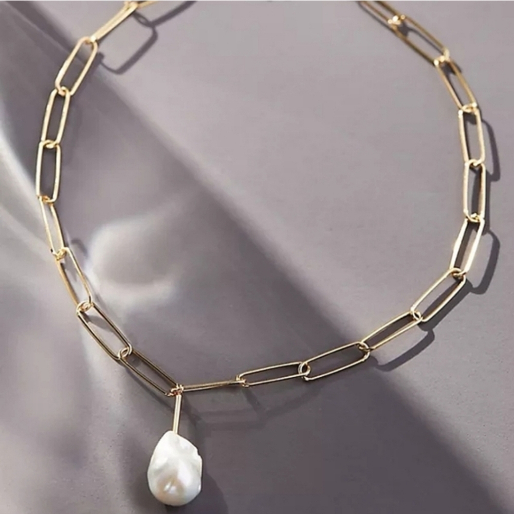 Anthropologie Paperclip Chain Pearl Pendant Necklace